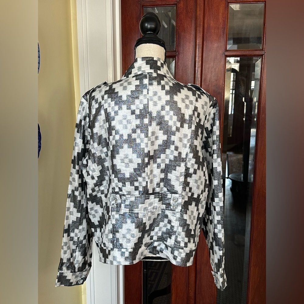 Berek | 100% Linen Black & White Aztec Geometric Shimmer Print Jacket, Size XL - Picture 2 of 9